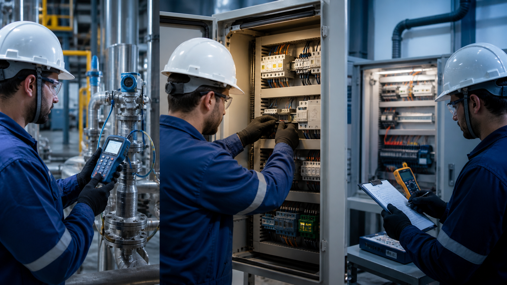 Profissionais em medição industrial, manutenção de painel e inspeção técnica